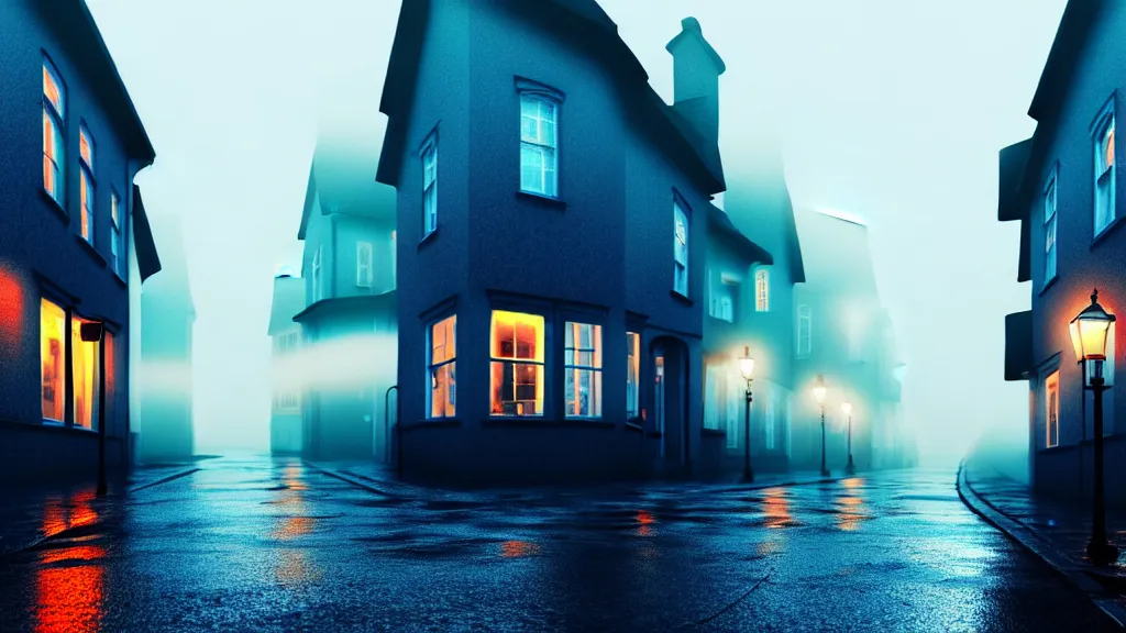 Image similar to the old town with houses in the windows of which the light is on. early morning, fog on ground, wet street. mike barr painting. volumetric light, derk cyan ambient, noir arthouse, 3 5 mm, hight detalied, hd, 4 k