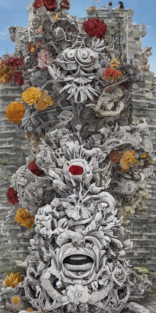Image similar to colossal grotesque flower made from unfulfilled communist dreams in the middle of abandoned post soviet constructivist cityscape, Stalinist architecture, ultradetailed, Intricate by Hayao Miyazaki and Josan Gonzalez and Makoto Shinkai and Giuseppe Arcimboldo and Wes Anderson