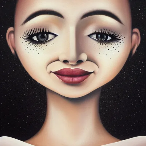 Image similar to a painting of a happy woman, an ultrafine detailed painting by rafal olbinski, behance contest winner, pop surrealism, detailed painting, very detailed, minimalist, skeuomorphic, airbrush art