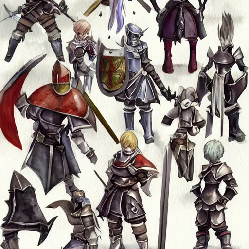 Prompt: watercolor, final fantasy tactics character design, knight in plate armor, knight wearing helmet, character portrait, heroic, many belts