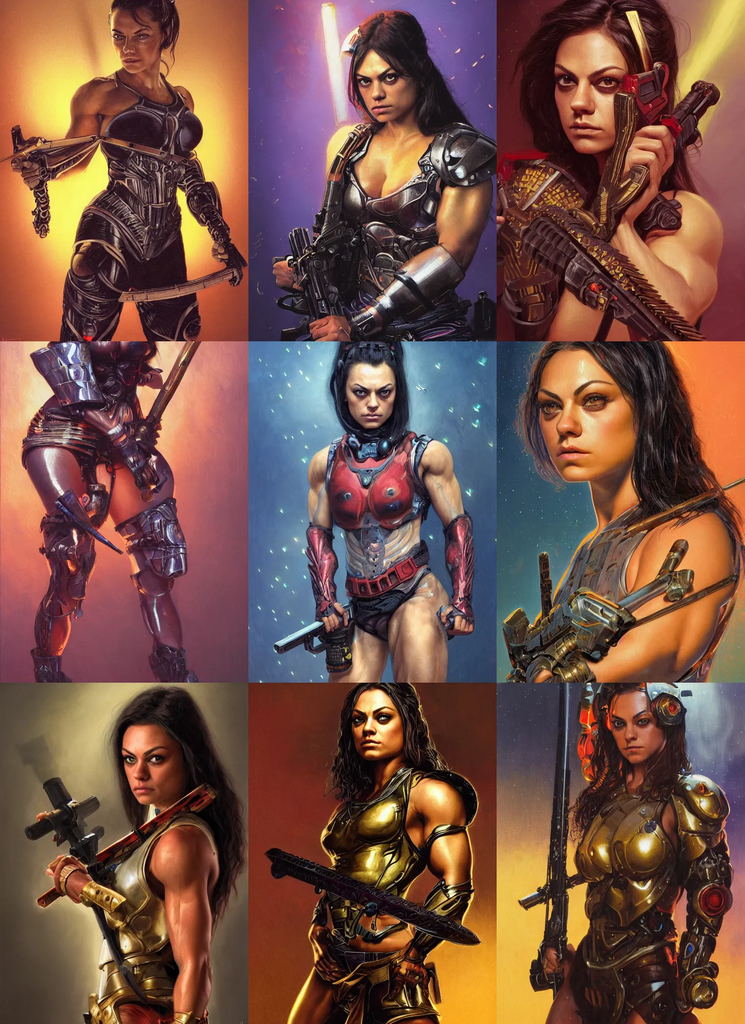 Prompt: bodybuilder mila kunis closeup portrait of a beautiful biblical diabolical samurai girl holding a rifle, cyborg neon armor, foggy fireflies, cinematic studio light, golden hour, by gerald brom, by mikhail vrubel, by peter elson, muted pastel colors, extreme detail, trending on artstation, 8 k