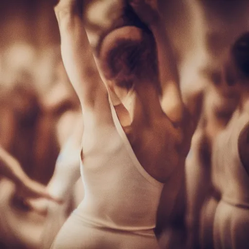 Image similar to , a woman filling ballet surrounded by a crowd of ancient civilisations 5 0 mm lens, f 1. 4, sharp focus, ethereal, emotionally evoking, head in focus, volumetric lighting, 8 k