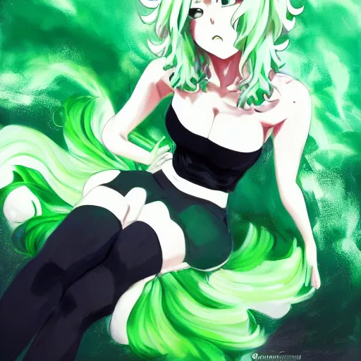 Prompt: painting of tatsumaki from one punch man, green hair, black dress, cool color palette, refreshing, soft lighting, detailed anime face, by cushart krenz, by makoto shinkai