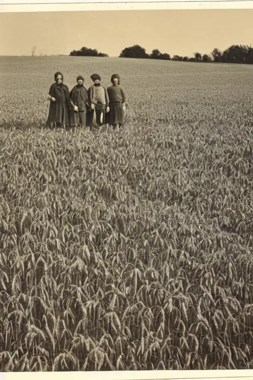 Image similar to vintage photograph of possessed villagers in a wheat field staring at you wide - eyed, at night