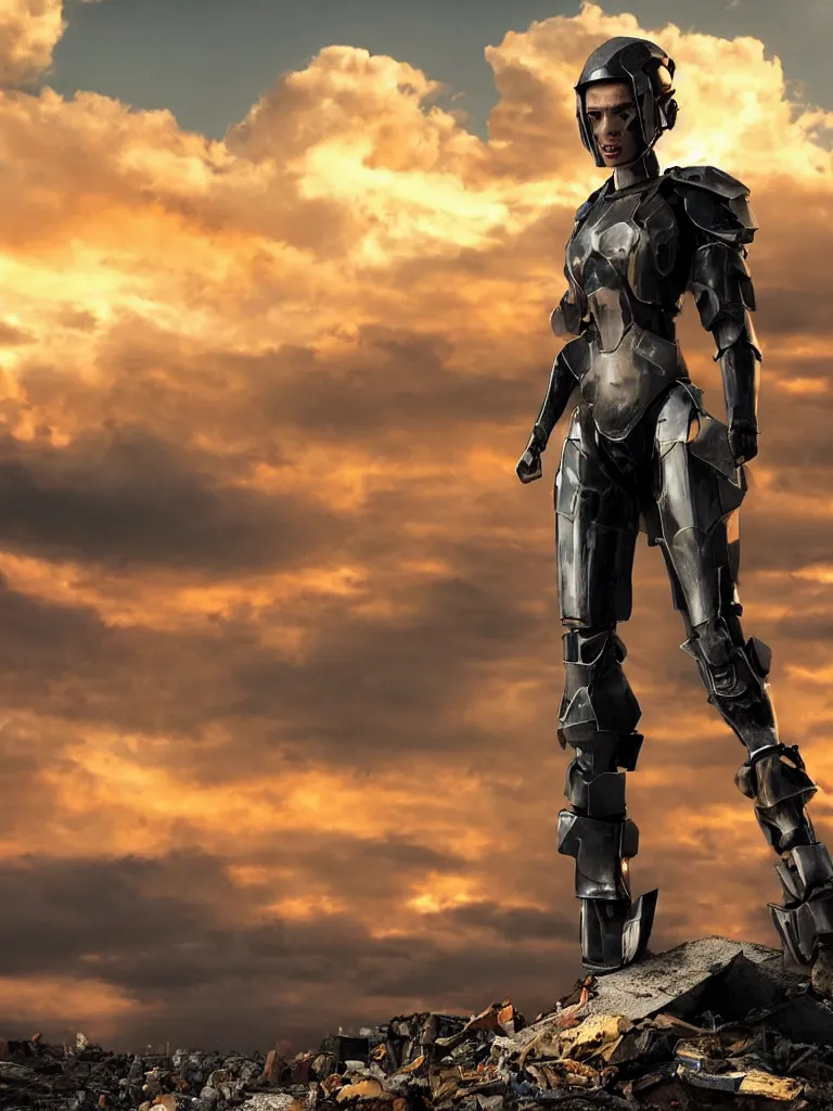 Prompt: solitary heroic figure, emily blunt wearing futuristic power armor, standing atop a pile of rubble, sunset and huge cumulus clouds behind her