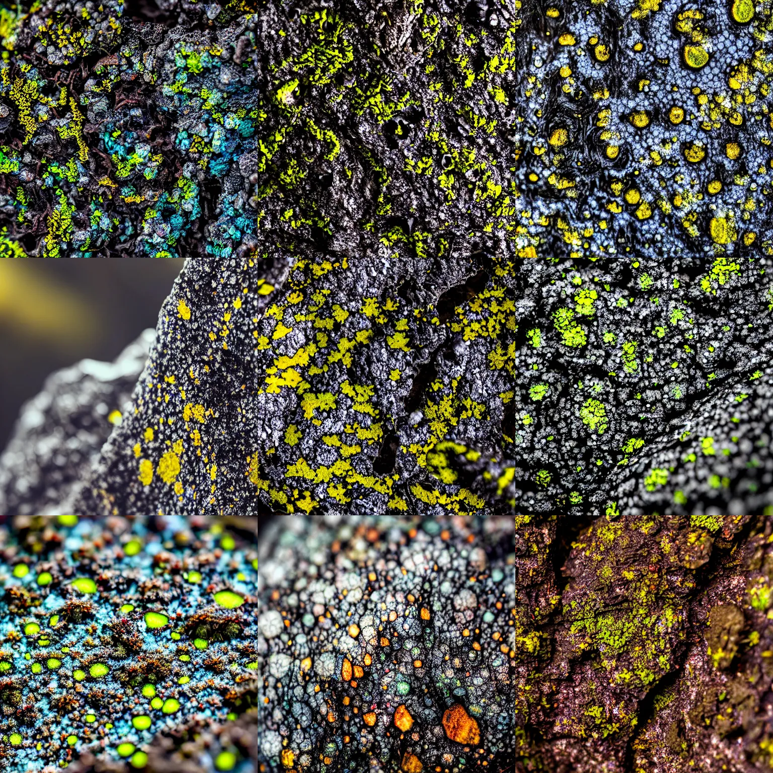 Prompt: closeup of bright lichens on a dark rock seen through a condensed glass, macro photography, DSLR, sony a7III, nature photography, shallow depth of field, 4K, cinematic lighting