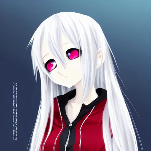 Image similar to white hair, red eyes, two small horn on the head, anime style, anime girl