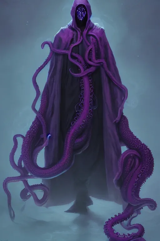 Image similar to A full body portrait of a mysterious character with no face with a very long hooded dark purple cloak tentacles coming out the ground art by Maciej Kuciara and Jason Chan, ominous, cosmic horror, trending on artstation, Ultra detailed, hyper realistic 4k