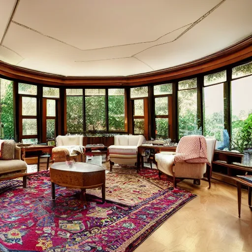 Prompt: A vast beautiful fully stocked living room area in a mansion designed and decorated by Frank Lloyd Wright, rugs, sofa, chairs, fireplace with a fire going, tables,