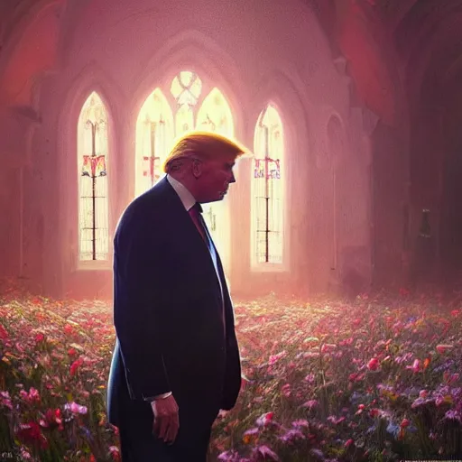 Image similar to a portrait of trump in flowers radiates holy light in the church,in the style of greg rutkowski,epic lighting,Postmodernism style,Masterpieces,oil on canvas