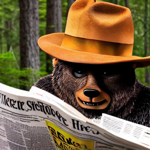 Prompt: UHD candid photo of Smokey The Bear in the woods, sitting over a well reading newspaper, by Annie leibowitz, photorealisitc, extremely detailed