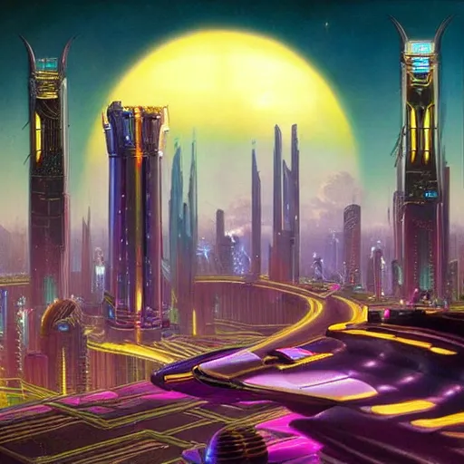 Image similar to moonlight over futuristic city of light synthwave bright neon colors highly details cinematic vladimir kush, philippe dru, roger deal, michael whelan,