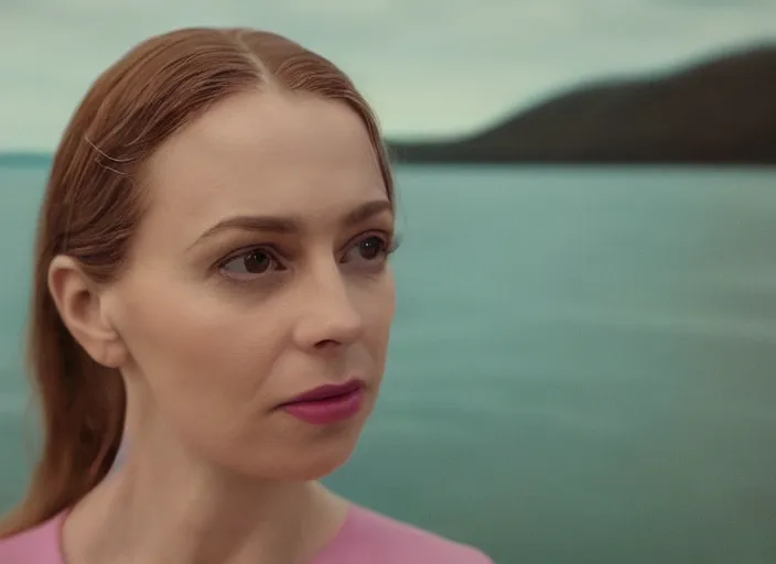 Prompt: cinematic mid shot of a high detail, refined woman's face looking off camera. fine facial features. she stands in an empty, pastel colourful 3 d, lake scene, shallow depth of field, floating in the sky, by jeffrey smart and gregory crewdson and edward hopper, inspired by the grand budapest hotel