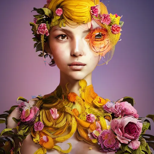 Image similar to the portrait of an absurdly beautiful, graceful, elegant young woman made of bananas and petals looking to the side, an ultrafine detailed illustration by kim jung gi, irakli nadar, intricate linework, bright colors, octopath traveler, final fantasy, angular, unreal engine 5 highly rendered, global illumination, radiant light, detailed and intricate environment