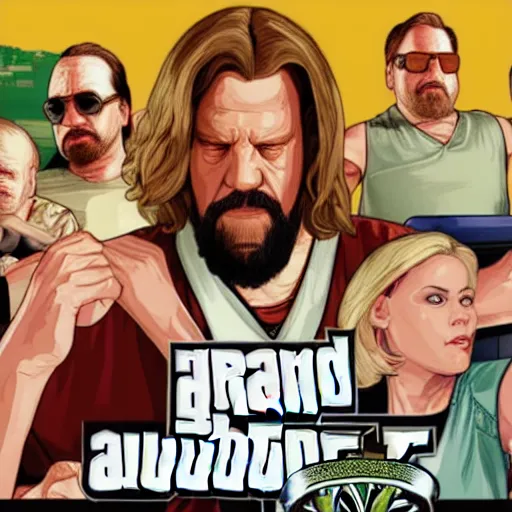 Prompt: GTA 5 illustration loading screen art of The Dude in The Big Lebowski (1998)