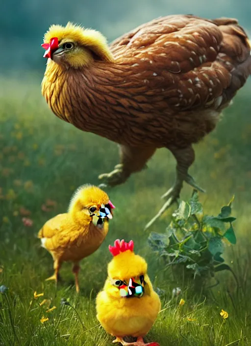 Image similar to a hen and her two cute small yellow chicks on a meadow, mama movie poster by nuri iyem, james gurney, james jean, greg rutkowski, anato finnstark. pixar. hyper detailed, 5 0 mm, award winning photography, perfect faces