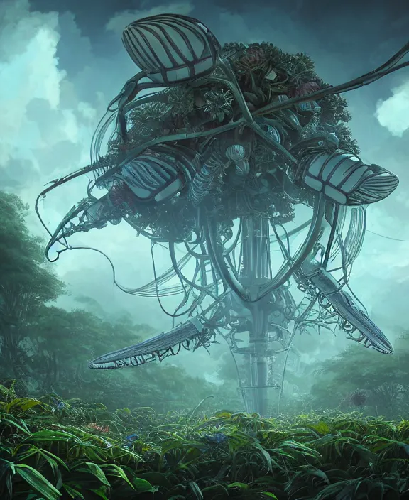 Prompt: a giant weird industrial plant made out of isopod dragonflies, in the style of a strange asymmetrical spaceship, overgrown with disturbing orchids, partly cloudy, somber, dramatic lighting, by dan mumford, yusuke murata, makoto shinkai, ross tran, cinematic, unreal engine, cel shaded, featured on artstation, pixiv