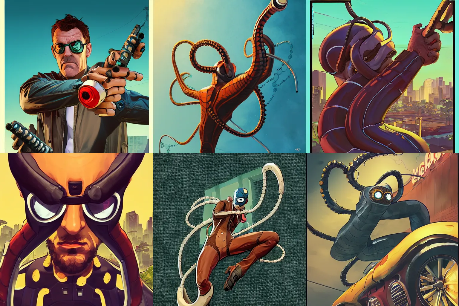 Prompt: dr octopus close - up, gta 5 cover art, borderlands style, celshading, trending on artstation, by rhads, andreas rocha, rossdraws, makoto shinkai, laurie greasley, lois van baarle, ilya kuvshinov and greg rutkowski