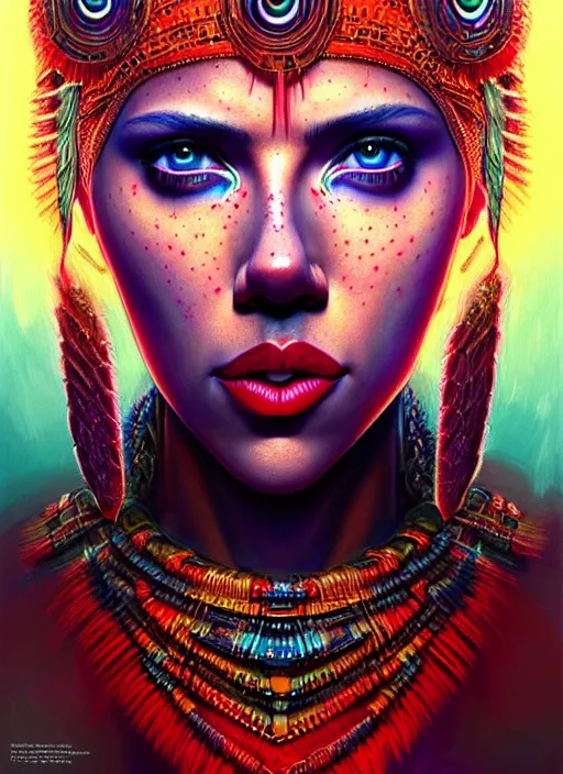 Prompt: portrait of scarlett johansson, hyper detailed ultra sharp aztec shaman warrior. trending on artstation, warpaint aesthetic, bloodwave, colorful, psychedelic, ornate, intricate, digital painting, concept art, smooth, sharp focus, illustration, art by artgerm and greg rutkowski and h. r. giger, 8 k