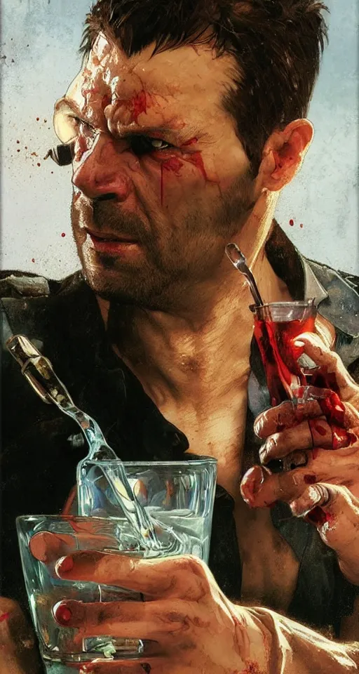 Image similar to close up of bloodied max payne pouring a drink, sun shining, photo realistic illustration by greg rutkowski, thomas kindkade, alphonse mucha, loish, norman rockwell.