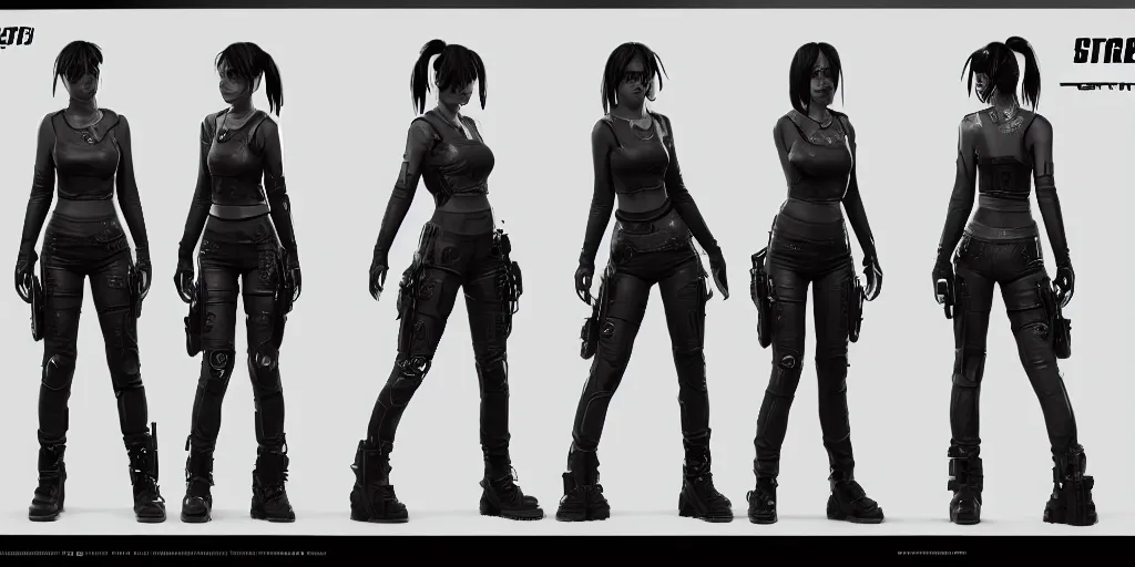 Image similar to character sheet of cyberpunk girl, riot games. 3 d unreal engine 5 trending on artstation