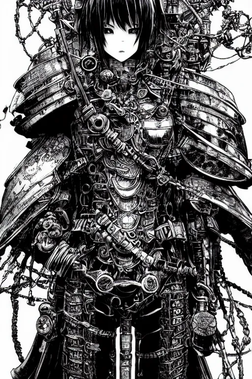 Image similar to a vertical portrait of a character in a scenic environment by yoshitaka amano and nihei tsutomu, black and white, dreamy, steampunk armor, highly detailed