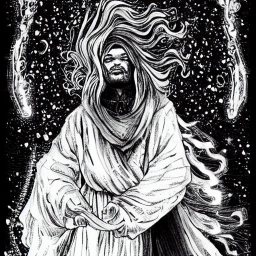 Image similar to black and white pen and ink!!!!!!! Leonardo Di Caprio handsome cosmic space robes flowing royal hair golden!!!! Vagabond!!!!!!!! floating magic swordsman!!!! glides through a beautiful!!!!!!! liquid magic floral crystal battlefield dramatic esoteric!!!!!! Long hair flowing dancing illustrated in high detail!!!!!!!! by Moebius and Hiroya Oku!!!!!!!!! graphic novel published on 2049 award winning!!!! full body portrait!!!!! action exposition manga panel black and white Shonen Jump issue by David Lynch eraserhead and beautiful line art Hirohiko Araki!! Rossetti, Millais, Mucha, Jojo's Bizzare Adventure