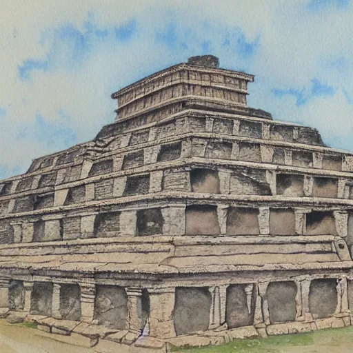 Prompt: detailed 1 9 th century architectural watercolor of ornate monumental mayan ruins