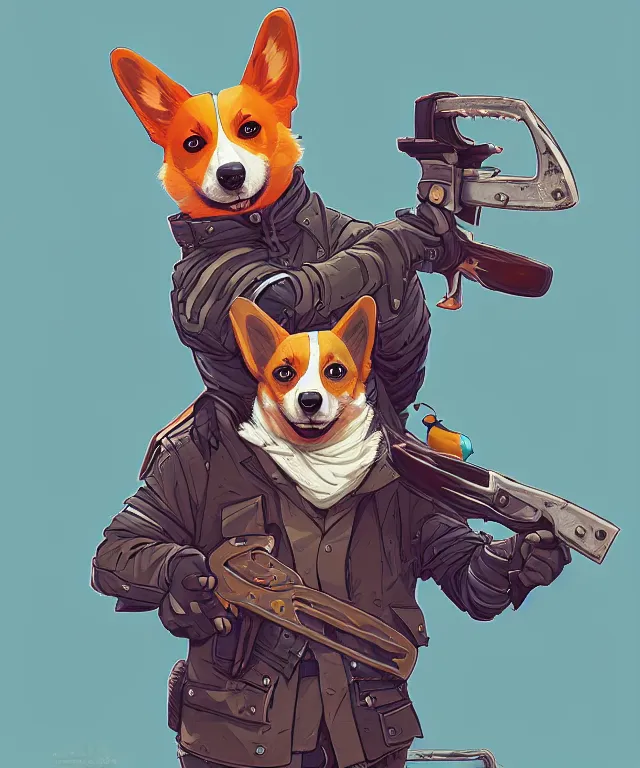 Image similar to a portrait of an anthropomorphic cyberpunk corgi holding a chainsaw, fantasy, elegant, digital painting, artstation, concept art, matte, sharp focus, illustration, art by josan gonzalez