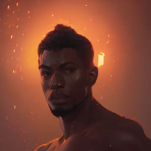 Image similar to a photorealistic dramatic fantasy render of a fit lightskinned black man, artgerm, greg rutkowski, alphonse mucha, beautiful dynamic dramatic dark moody lighting, shadows, cinematic atmosphere, artstation, concept design art, octane render, 8 k