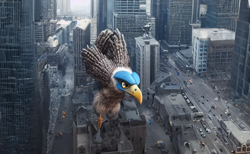 Image similar to giant falco lombardi terrorizing city, highly detailed, extremely high quality, hd, 4 k, 8 k, professional photographer, 4 0 mp, lifelike, top - rated, award winning, cinematic, realistic, detailed lighting, detailed shadows, sharp, no blur, edited, corrected, trending