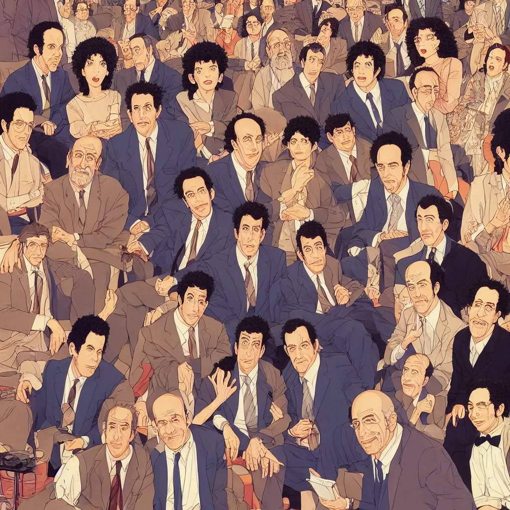 Image similar to highly detailed illustration of all the known species of seinfeld cast, jewish, yiddish, kosher and gentile by juan gatti, by makoto shinkai, by moebius!, by oliver vernon