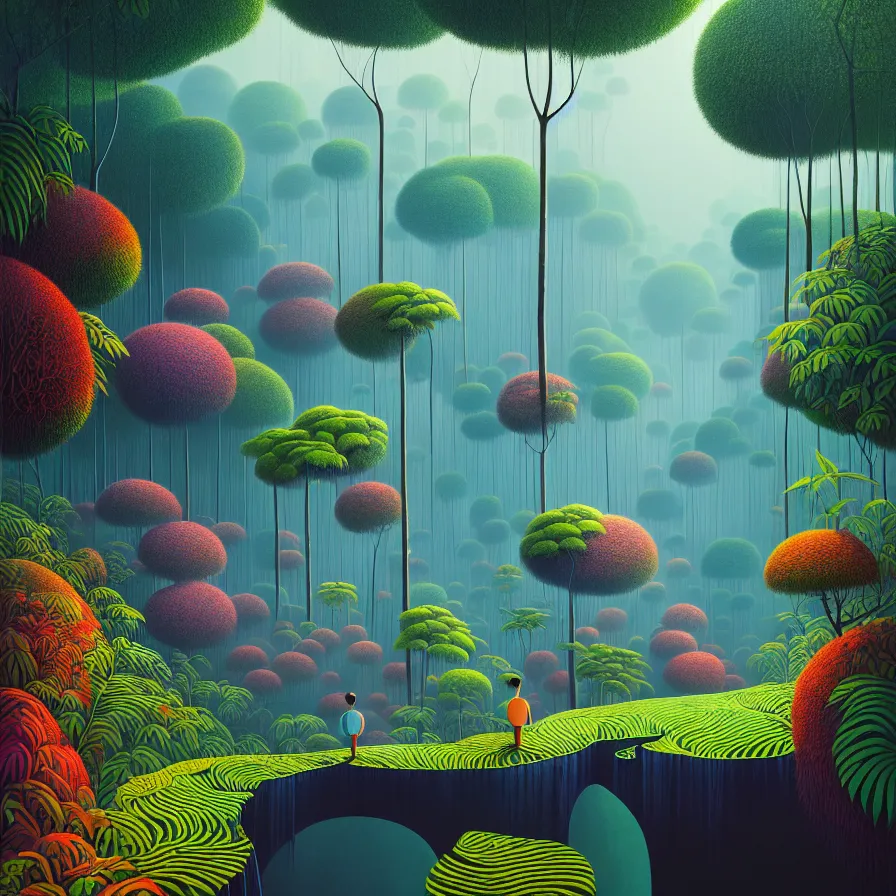 Prompt: surreal glimpse, malaysia jungle, summer morning, very coherent and colorful high contrast, art by gediminas pranckevicius, james gilleard, floralpunk screen printing woodblock, dark shadows, hard lighting, stippling dots,