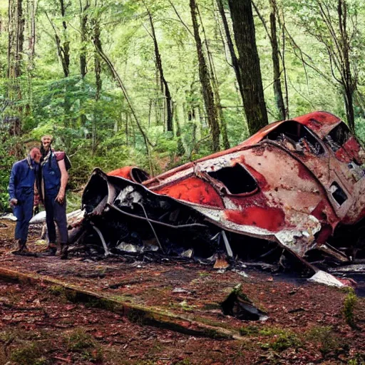 Image similar to Two Explorers Next To A Rusted Crashed Plane In A Forest, Photorealistic