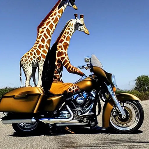 Image similar to giraffe on a Harley Davidson on the road, funny picture