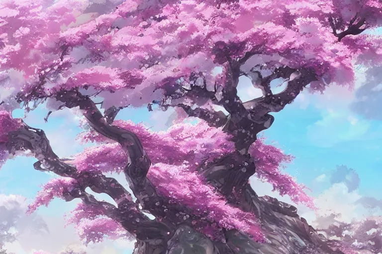 Prompt: highly detailed concept art of a sakura plum tree made with water, overgrowth, Artgerm, Studio Ghibli, Makoto Shinkai