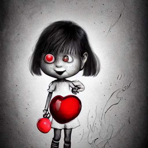 Image similar to surrealism grunge cartoon sketch of a sad little girlwith a wide smile and a red balloon by - michael karcz, loony toons style, horror theme, detailed, elegant, intricate