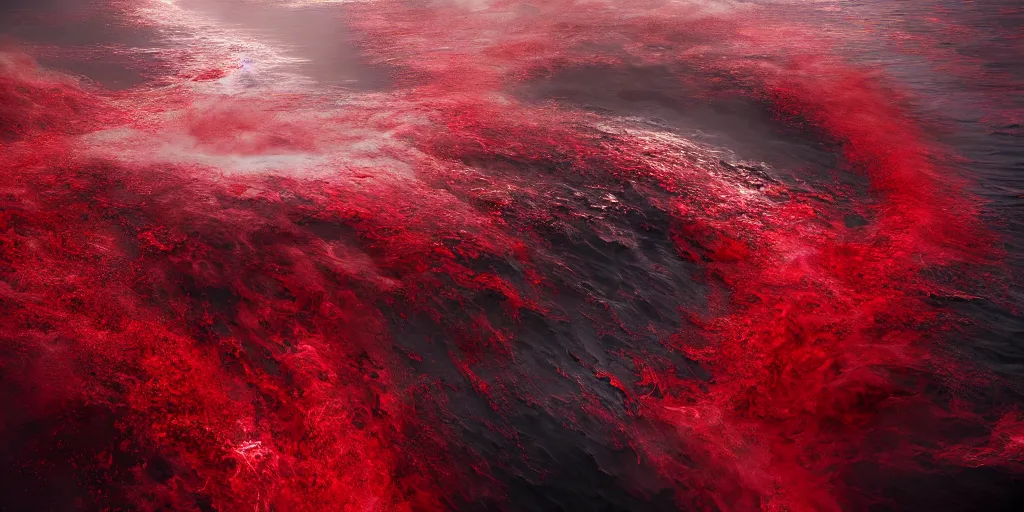 Image similar to a churning, boiling red sea with lots of smoky black and red steam, fantasy digital art, octane render, beautiful composition, trending on artstation, award-winning photograph, masterpiece