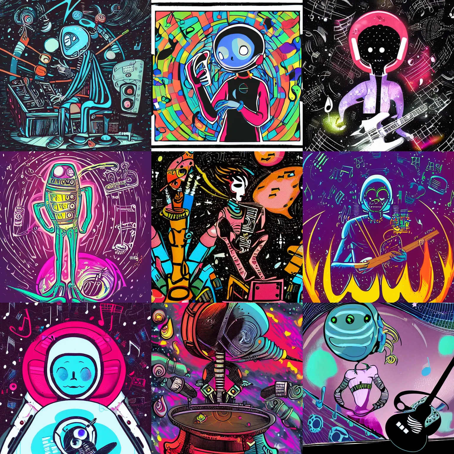 Prompt: an alien musician lost in space, surrounded by music, dark colors, digital art, hd, stylized character