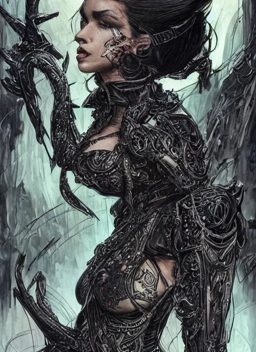 Image similar to a black haired woman in a leather jacket, muscular upper body, abs, d & d, fantasy, intricate, elegant, highly detailed, digital painting, artstation, concept art, smooth, sharp focus, illustration, art by philippe druillet