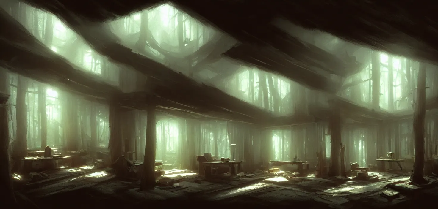 Prompt: concept art of an inside of a cabin in the woods, detailed, volumetric lighting, style of greg rutkowski