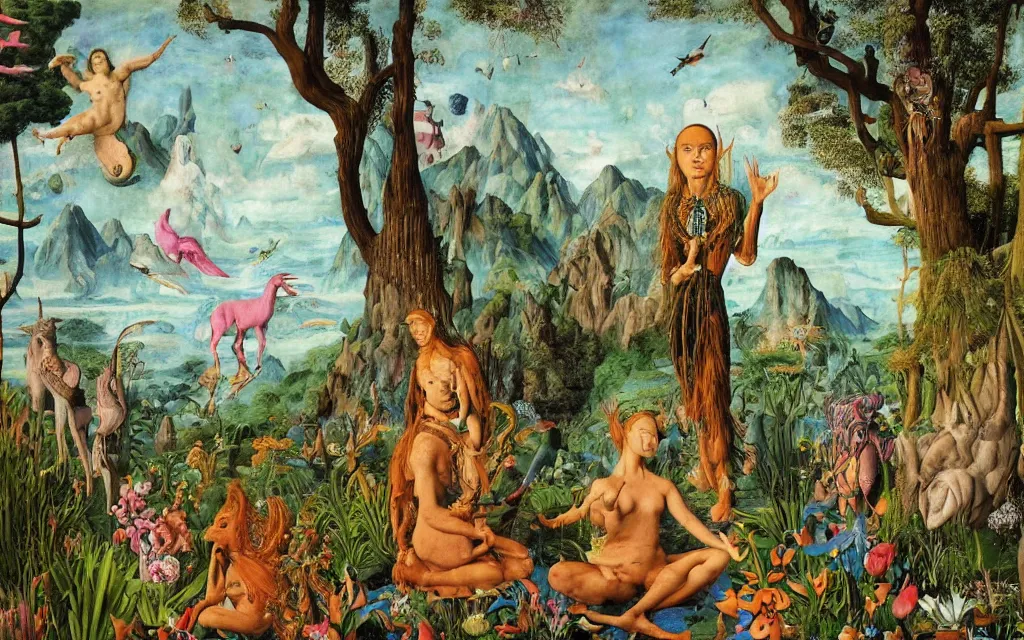 Image similar to a photograph of a meditating centaur shaman and a harpy mermaid feeding animals. surrounded by bulbous flowers, a few trees and wild animals. river delta with mountains and cliffs under a blue sky full of burning stars and birds. painted by jan van eyck, max ernst, ernst haeckel, ernst fuchs and artgerm. trending on artstation