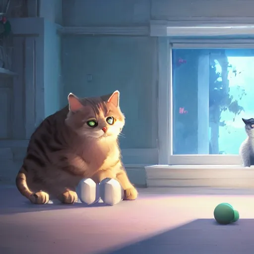 Prompt: cat exists next to a man. in a room exist the cat and the man. the man kicks the cat. digital art. artstation. realistic. vibrant. illustration. in the style of pixar movie. octane render. art by makoto shinkai, stanley artgerm lau, wlop, rossdraws. volumetric lighting. distance shot.