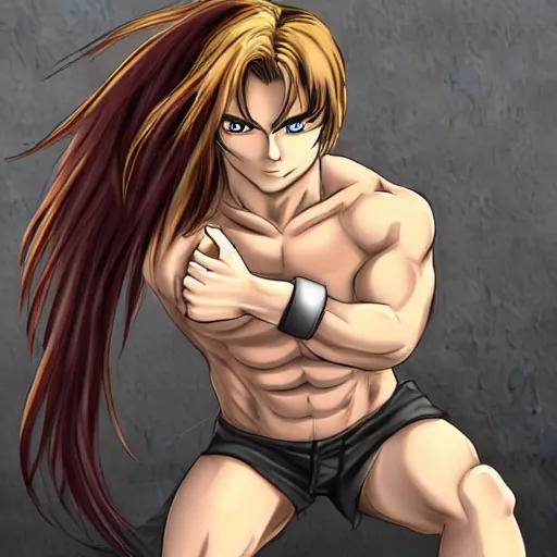Image similar to well built man, rusty long hair, anime, high details,