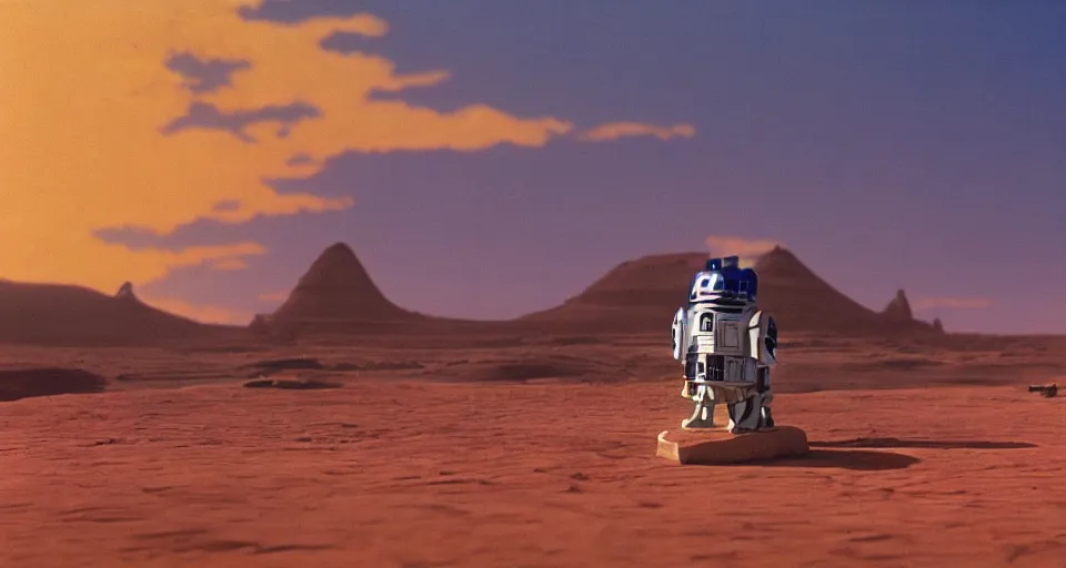 Image similar to beautiful wide shot tatooine landscape obi wan kenobi Luke skywalker R2-D2 in Star Wars a new hope 1977 by studio ghibli, Miyazaki, studio ghibli, Jean girard, Moebius , animation, golden hour, highly detailed, 70mm