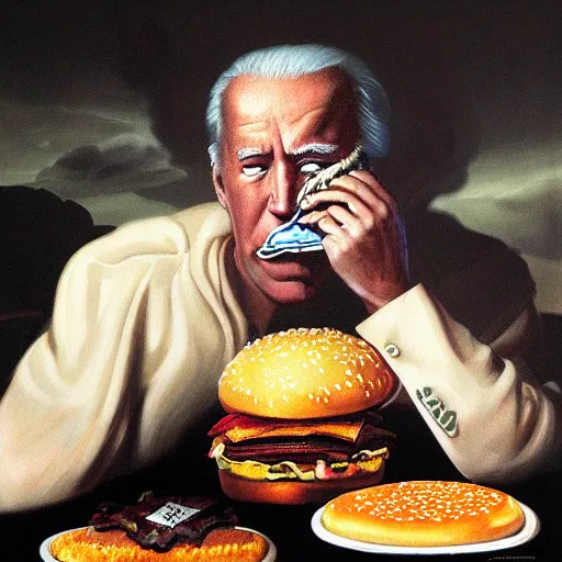 Image similar to surreal portrait of Joe Biden emerging from deep shadows eating hamburger, face partially melting LSD effect, xtra onions and ketchup, luscious patty with sesame seeds, figure in the darkness of renaissance, serving big macs, Francisco Goya, painted by John Singer Sargant, Adrian Ghenie, style of Francis Bacon, highly detailed, 8k, trending on artstation