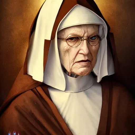 Image similar to an old nun, bishop, symmetric face, hyperrealism, epic fantasy digital art, fantasy style art, by Greg Rutkowski, fantasy magic the gathering card art style