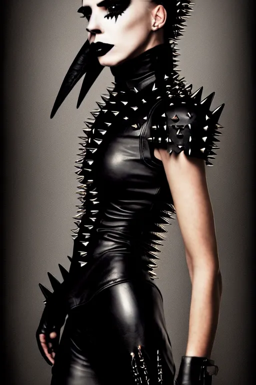Prompt: a woman in a black leather outfit with spikes on her head, a high fashion character portrait by christen dalsgaard, featured on behance, gothic art, androgynous, genderless, gothic