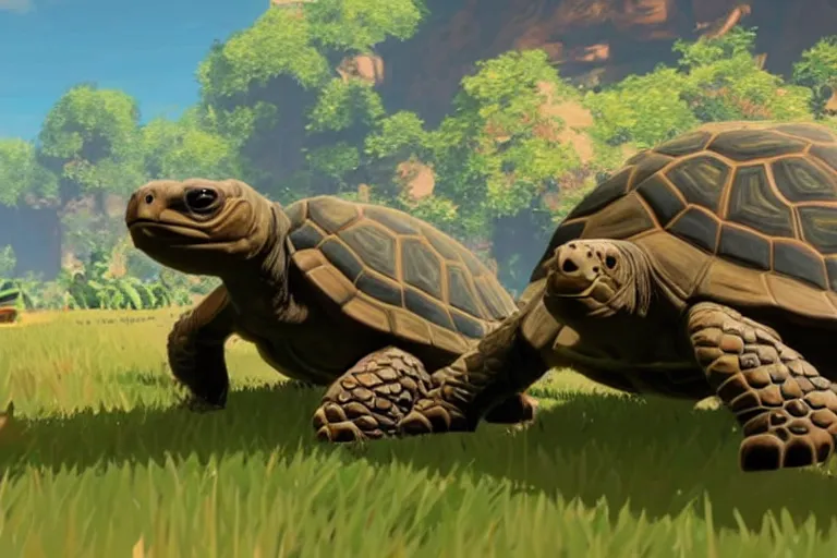 Prompt: in game footage of a tortoise from the legend of zelda breath of the wild, breath of the wild art style.