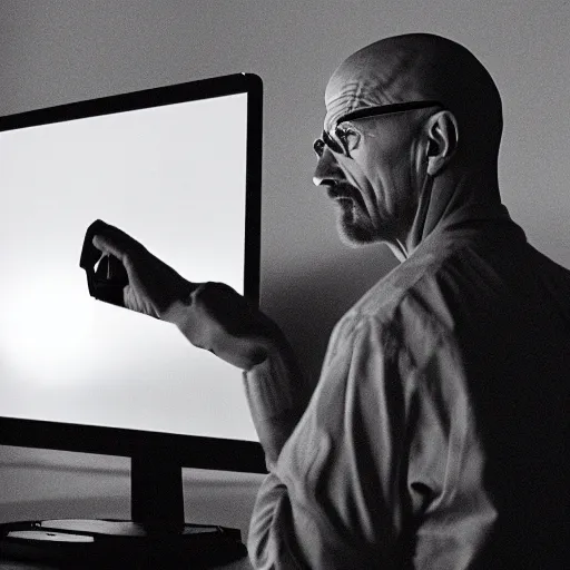 Prompt: walter white using a computer, movie still, golden hour, dslr photography 3 5 mm